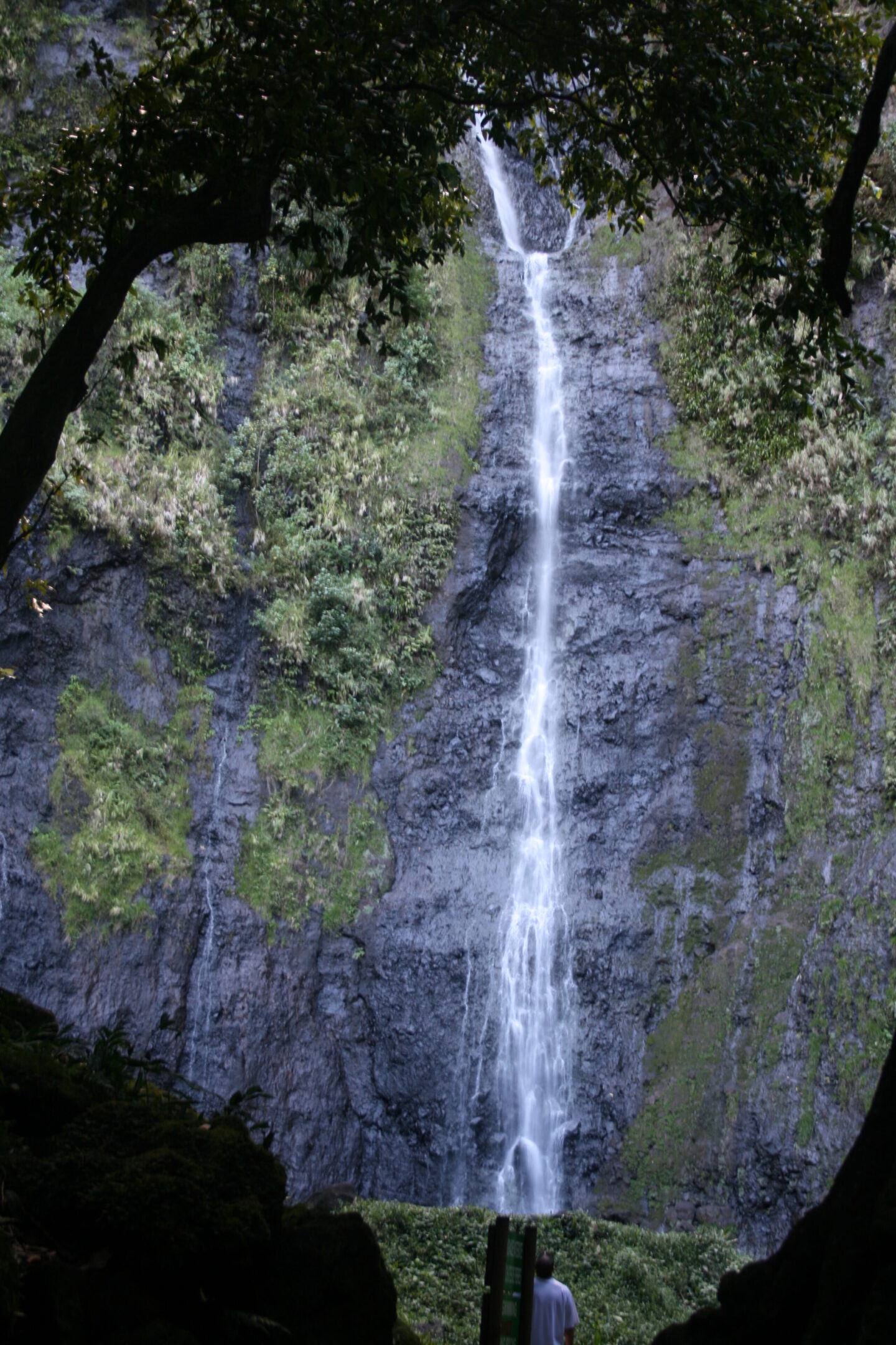 Tall waterfall cascading down rocky cliff.