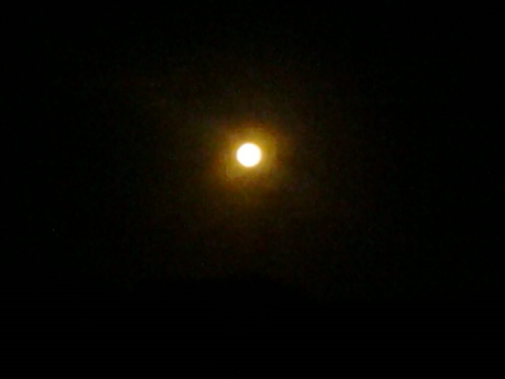 Bright full moon in dark night sky.