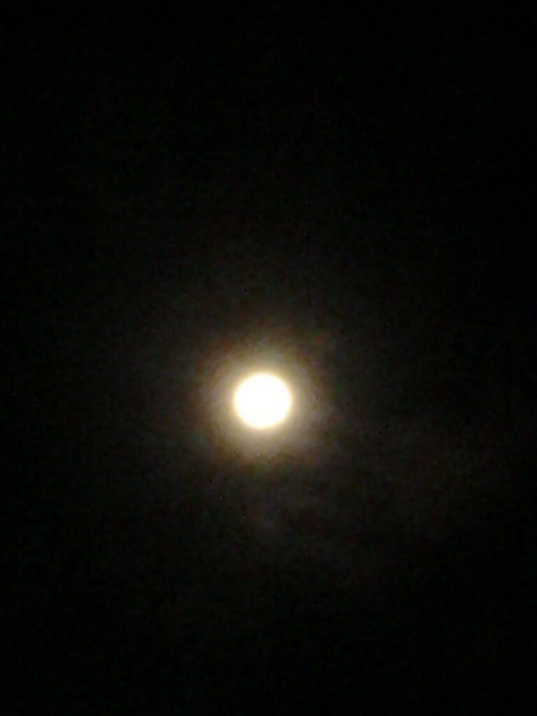 Bright full moon in a dark sky.