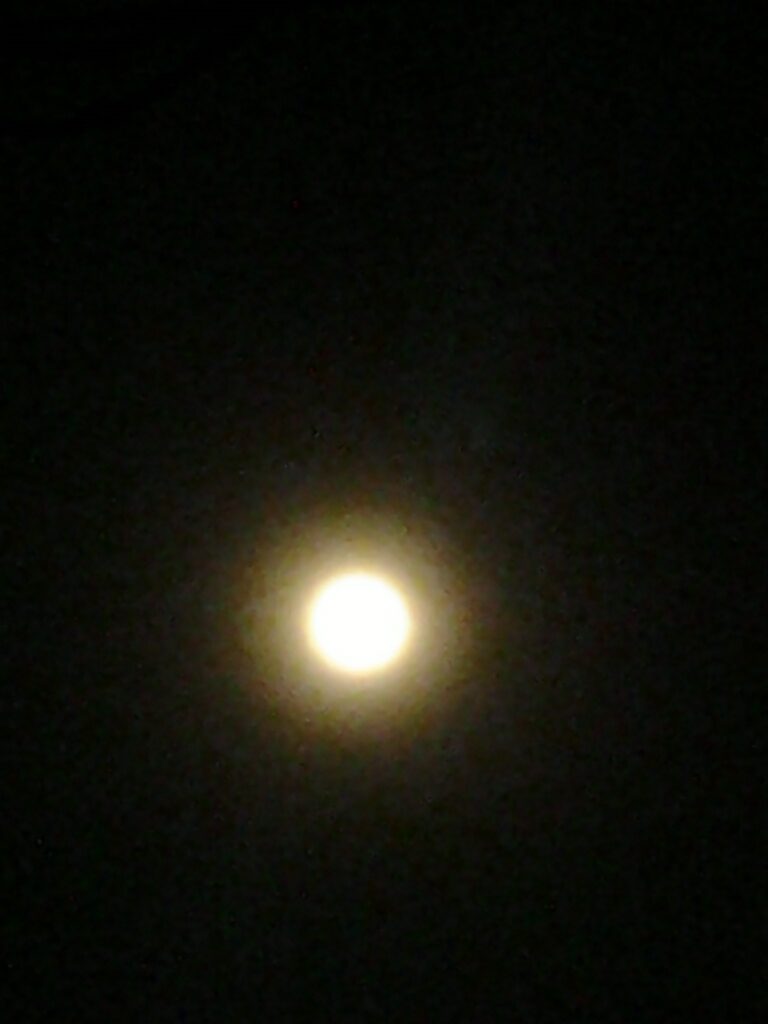 Bright full moon in dark night sky.