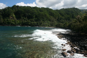 Tropical coastline with lush green hills.