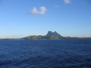 Ocean view with distant mountain island.
