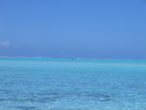 Clear blue ocean under bright blue sky.