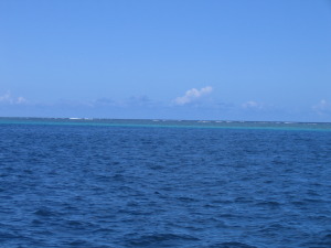 Blue ocean under clear blue sky.