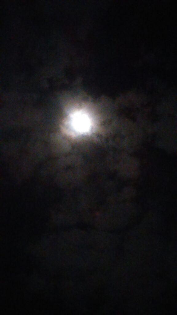 Moon shining through dark, cloudy night sky.