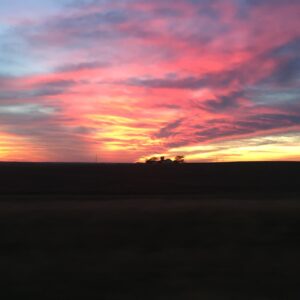 Vibrant sunset over a silhouetted landscape.