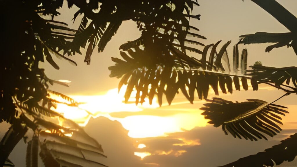 Sunset through silhouetted tropical palm leaves.