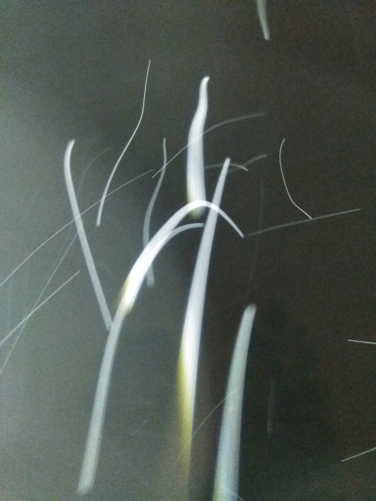Abstract light streaks on a dark background.