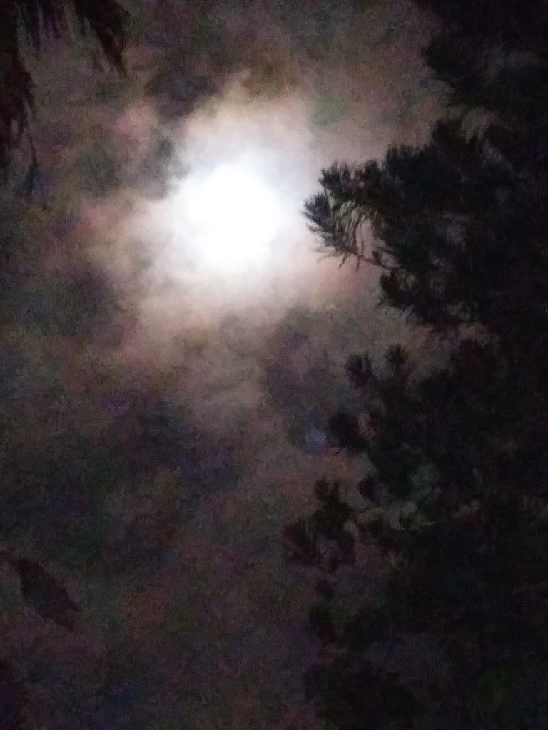 Moon shining through cloudy night sky.
