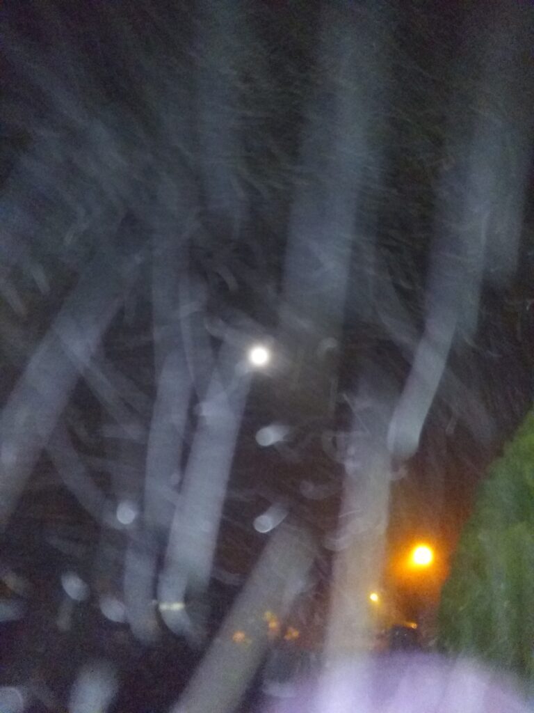 Blurred night scene with lights and streaks.