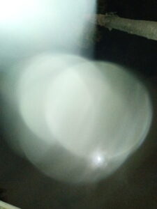 Blurry lights against dark background at night.