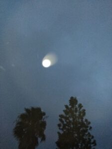 Bright light in night sky above trees.