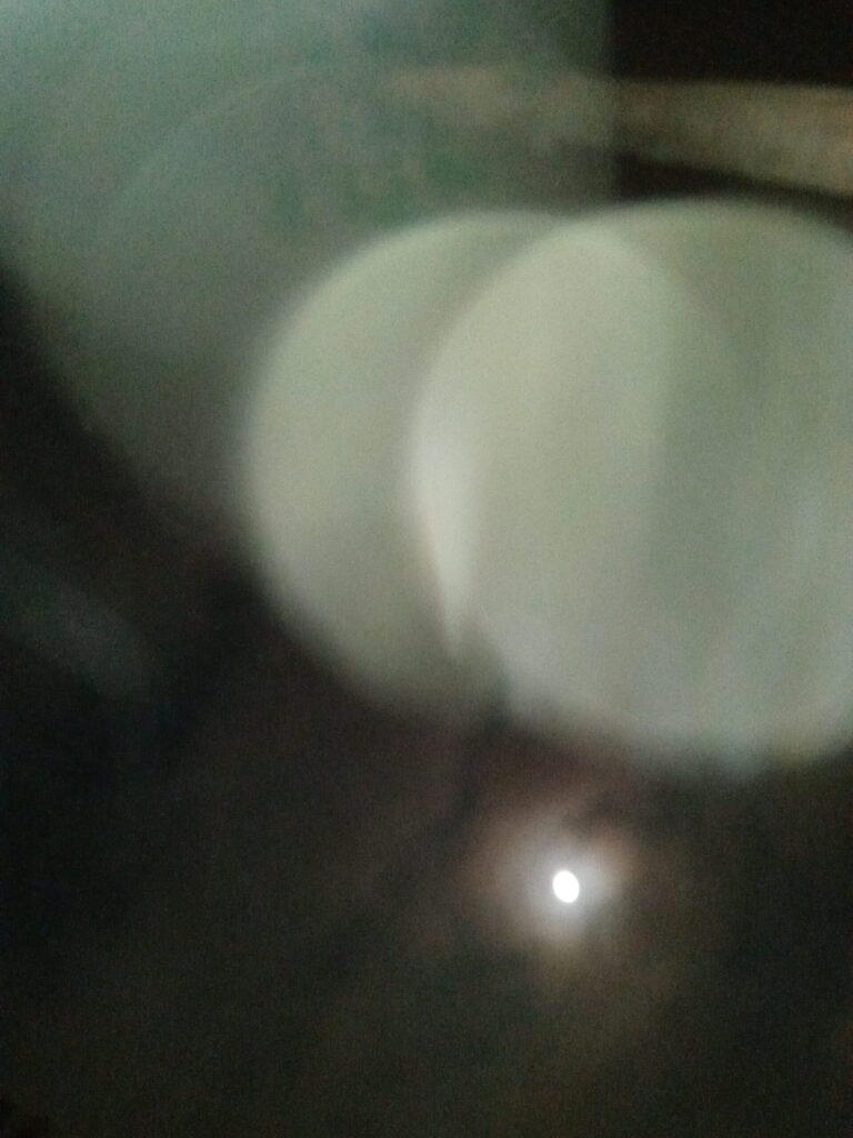 Blurry lights and a dim moon.