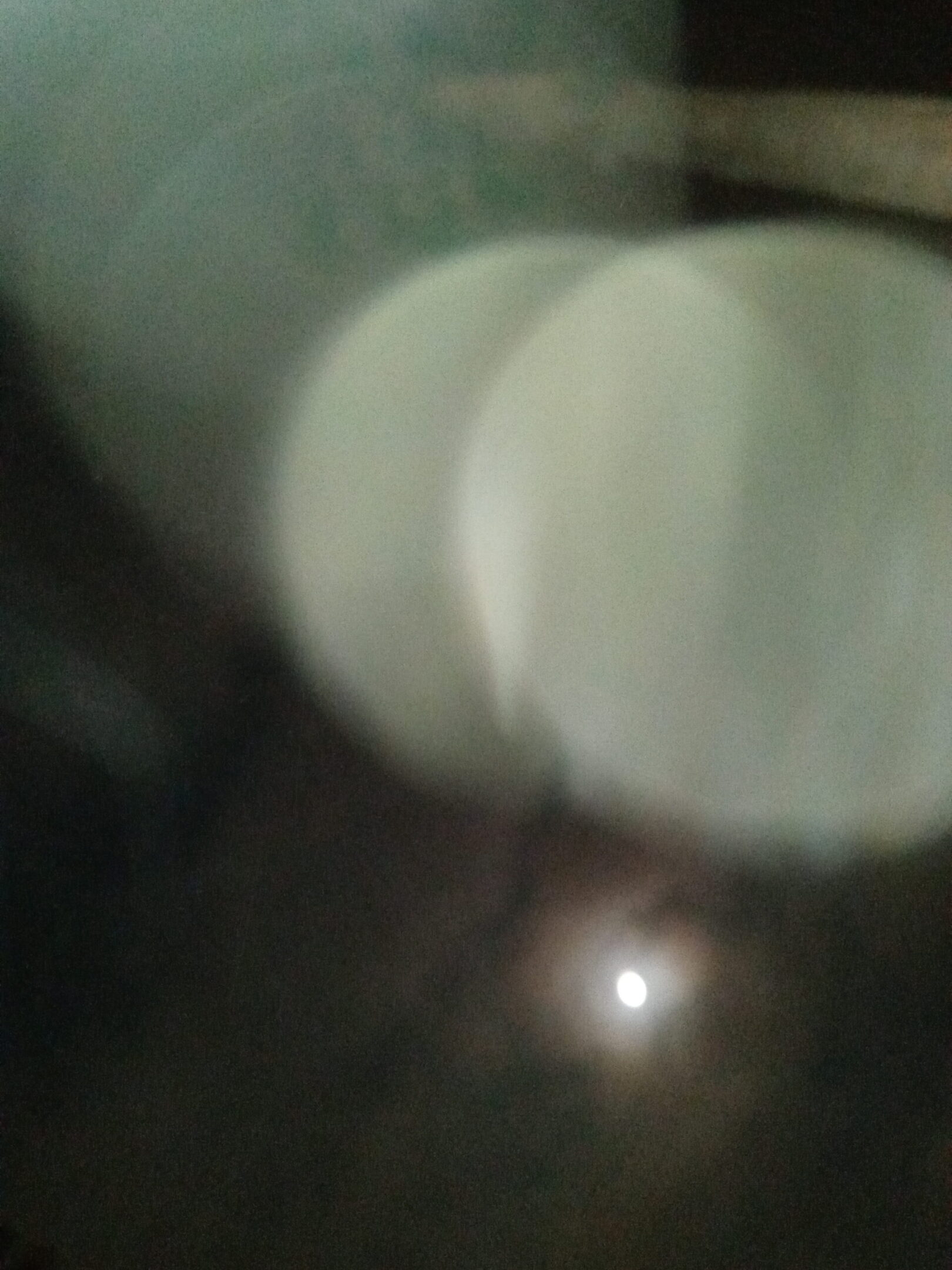 Blurry lights and a dim moon.