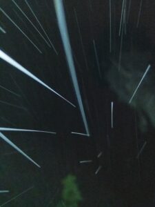 Night sky with streaking meteor trails.