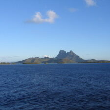 Ocean view with distant mountain island.