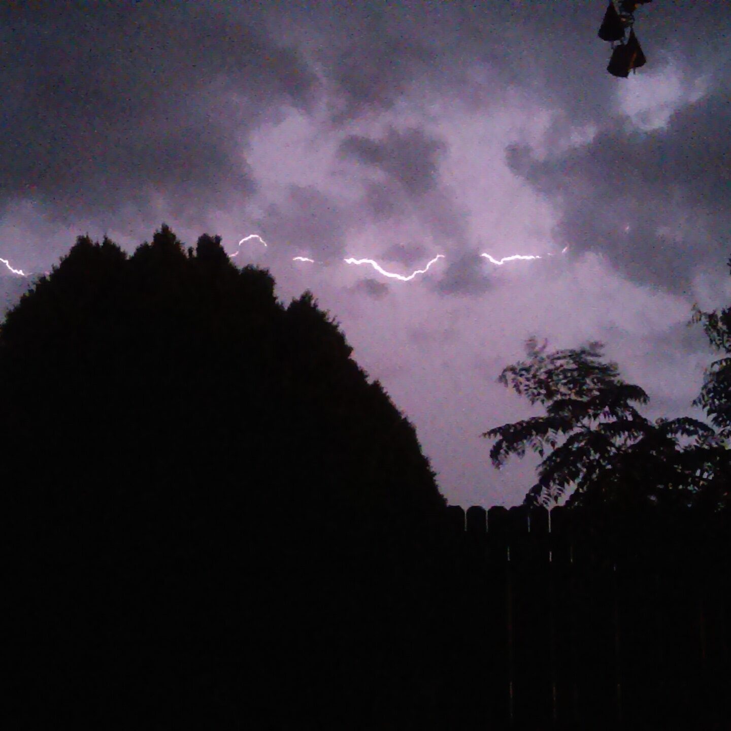 Lightning in the night sky over trees.