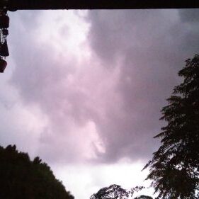 Stormy sky with silhouetted trees and clouds.