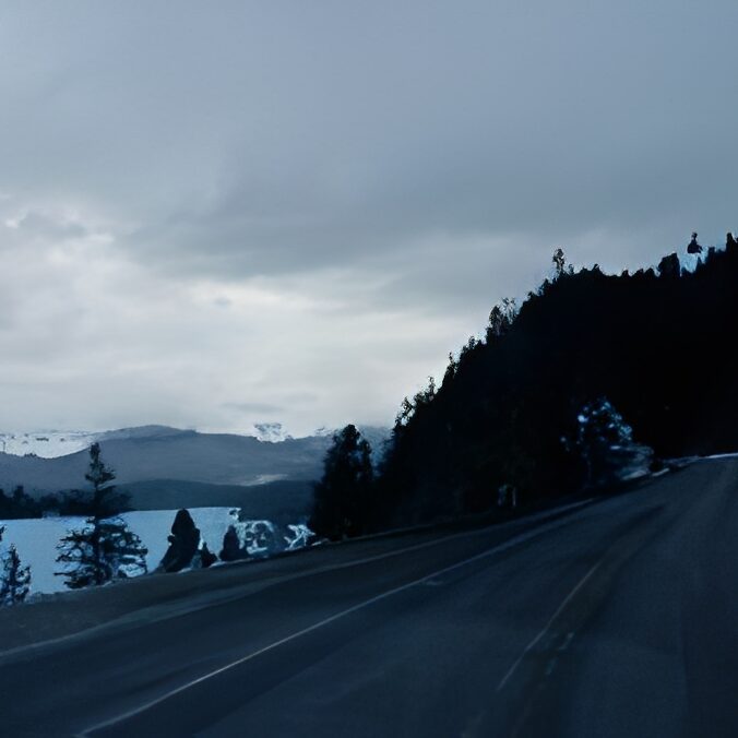 Mountain road with snow and cloudy sky.