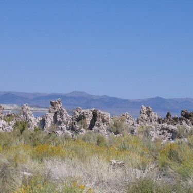 Rock formations in a grassy landscape, mountains beyond.
