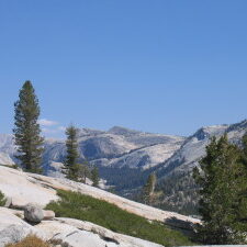 Mountain landscape with trees under clear sky.