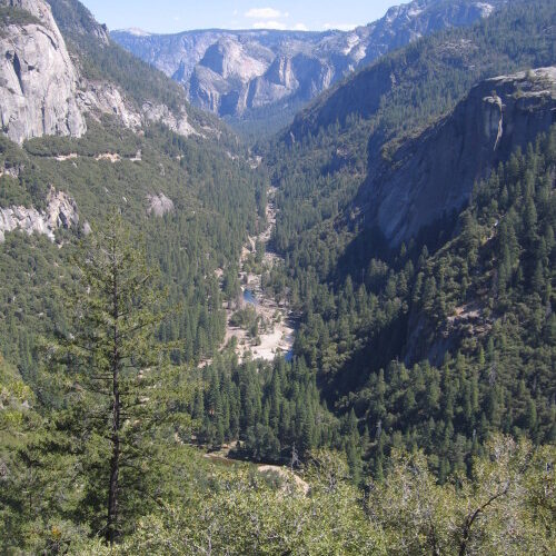 Mountain valley with dense forest and cliffs.
