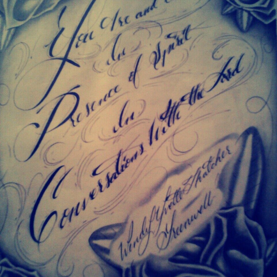Decorative script with roses and text.