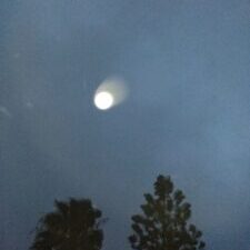 Bright light in night sky above trees.