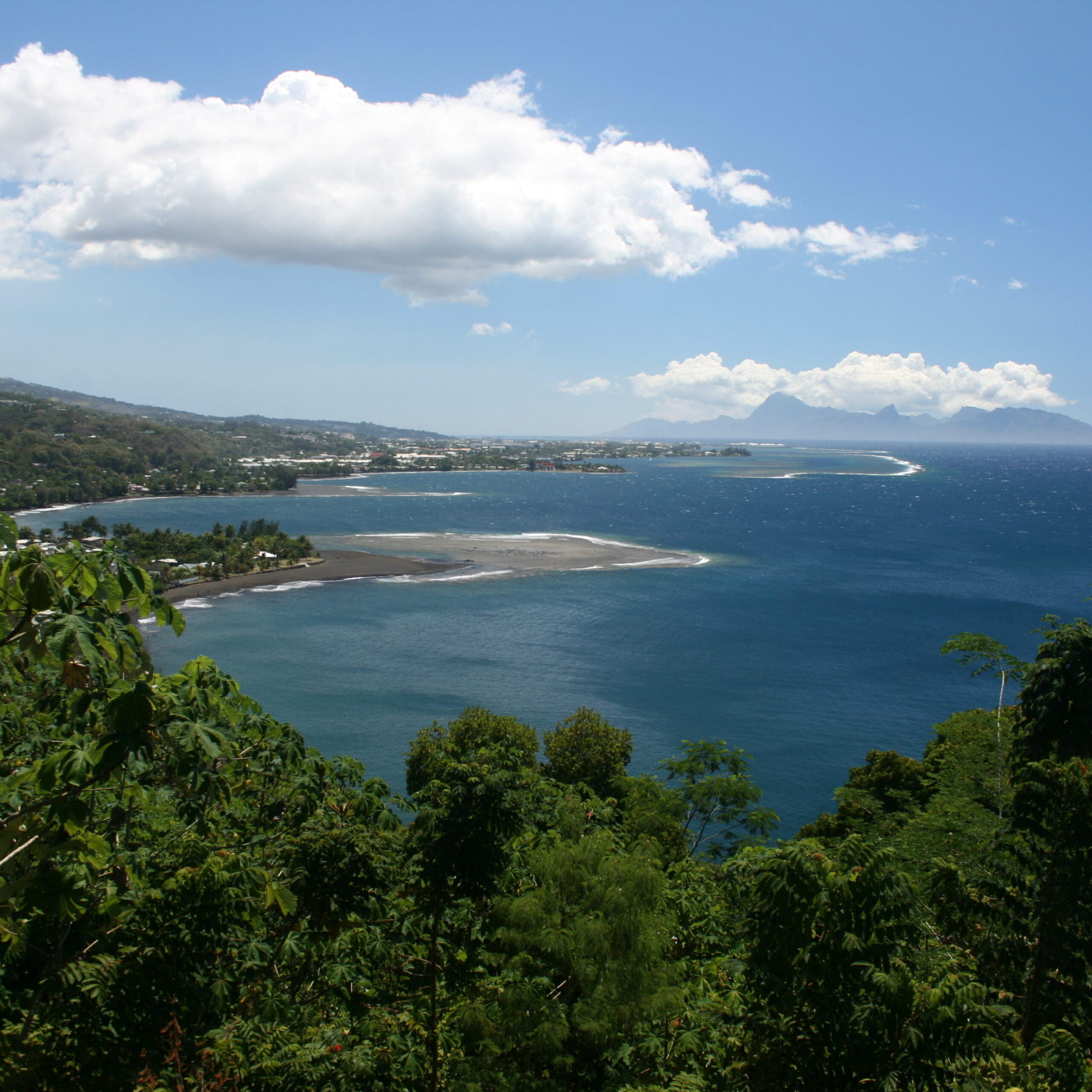Coastal landscape with ocean and distant mountains.
