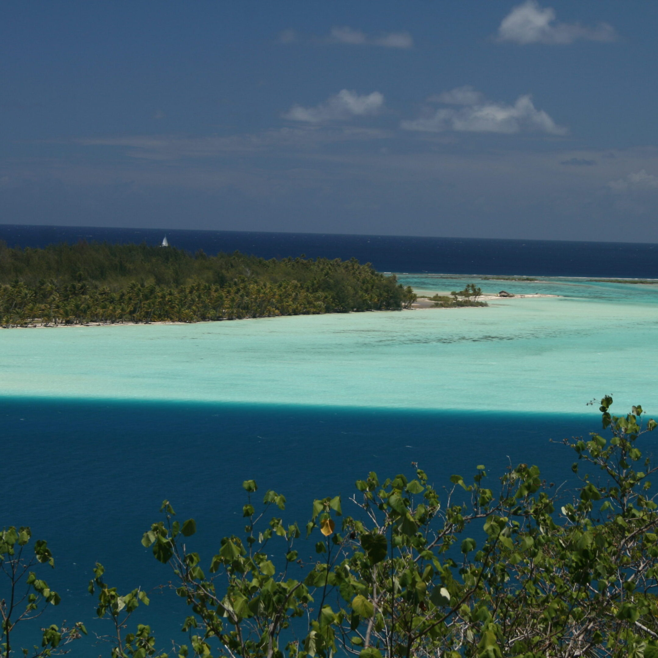 Tropical island with turquoise and blue waters.