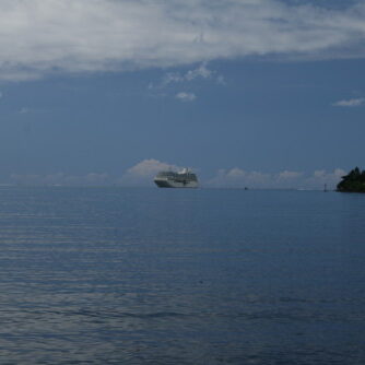 Cruise ship sailing on calm ocean waters.