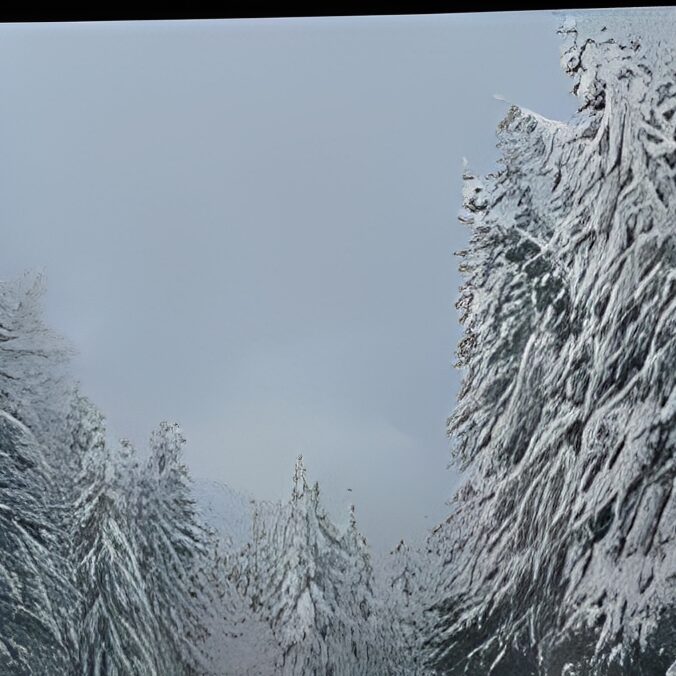 Snow-covered trees under a cloudy sky.