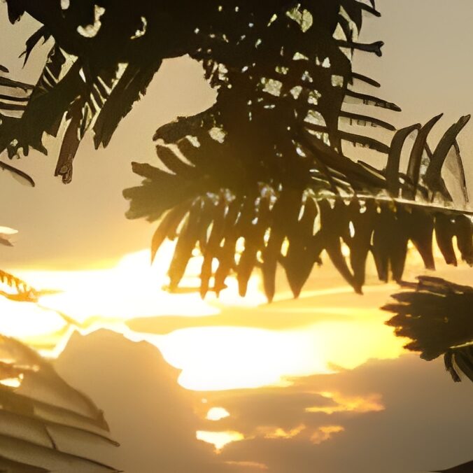 Sunset through silhouetted tropical palm leaves.